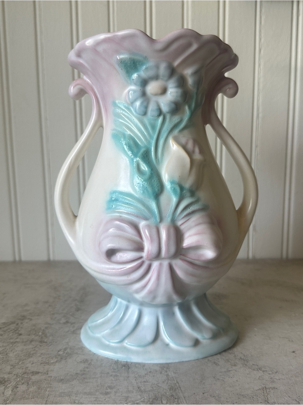 Hull Pottery Bow Knot Blue & Pink B-7 Vase Floral 8.75” Handles Vintage 1949 EUC